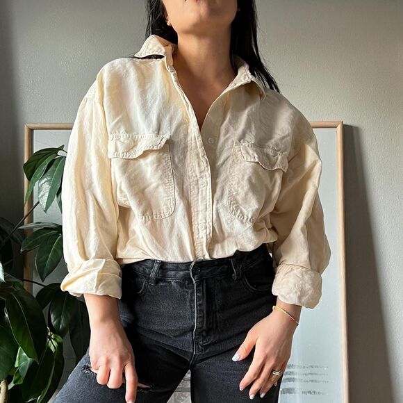 Vtg 90s minimlist button down blouse cotton ramie Oversized Long Sleeve Medium - Picture 4 of 10